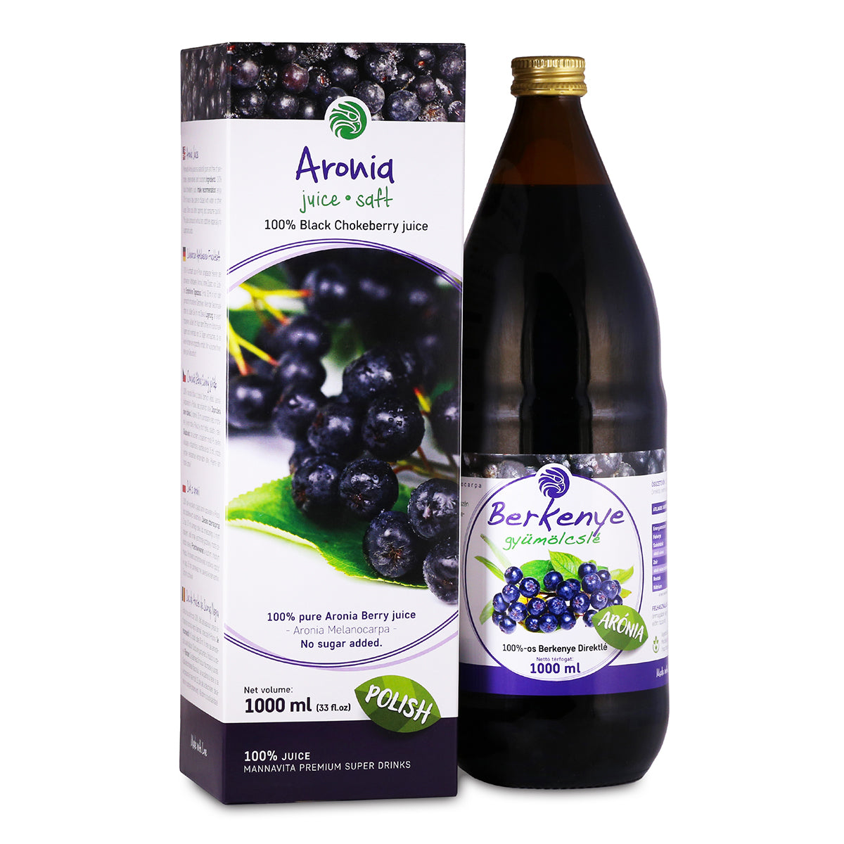 Mannavita • Jugo puro 100% prensado de bayas de Aronia • 1000 ml
