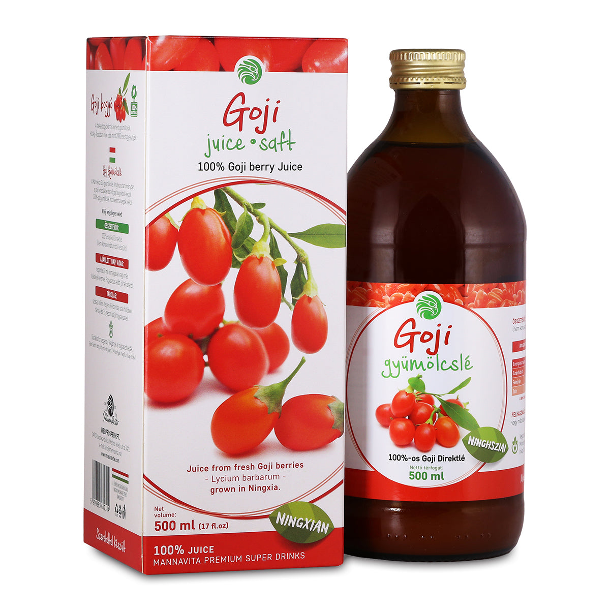 Mannavita • Jugo puro 100% prensado de bayas de Goji • 500 ml