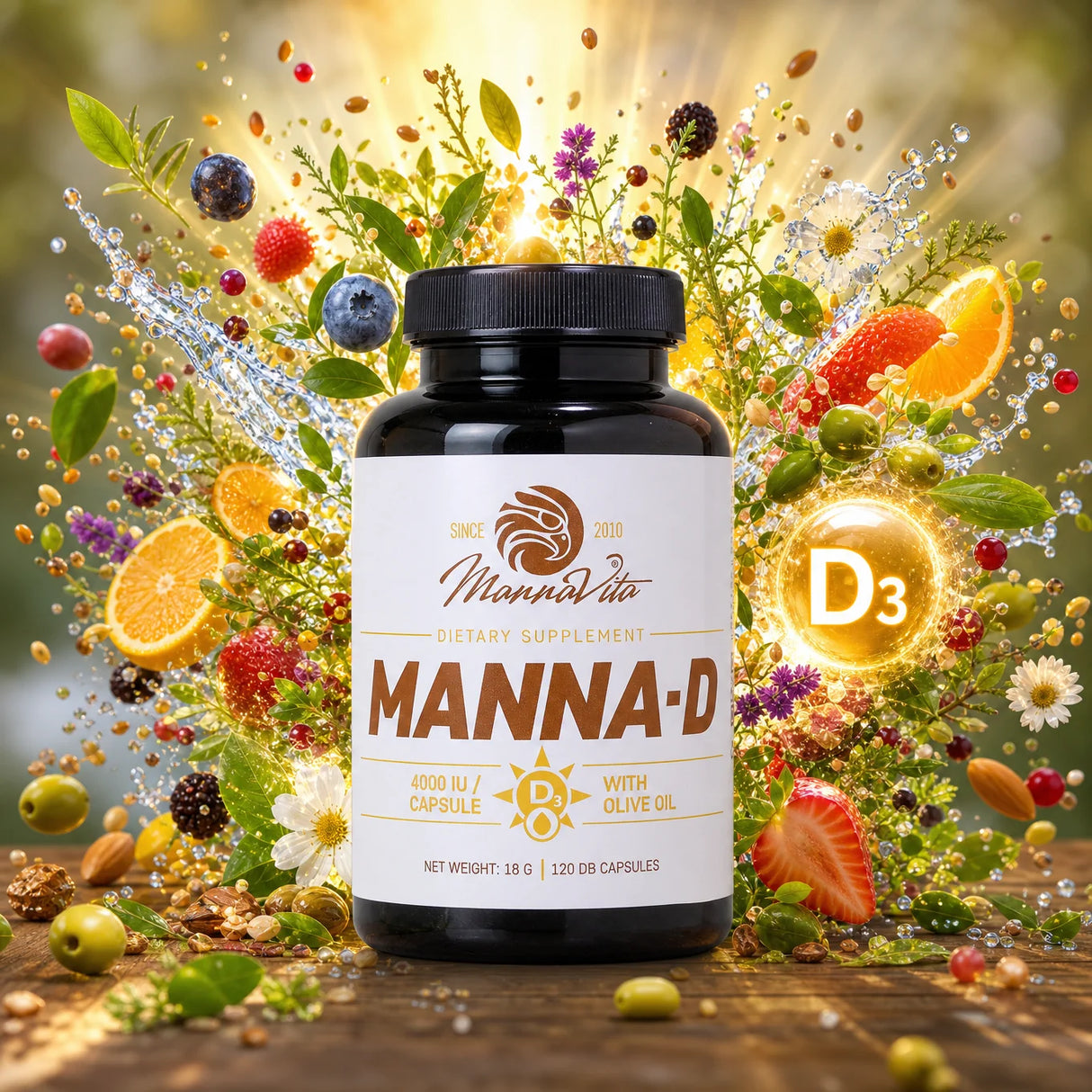 MANNA-D • Vitamina D3 en aceite de oliva 4000 UI • 120 cápsulas
