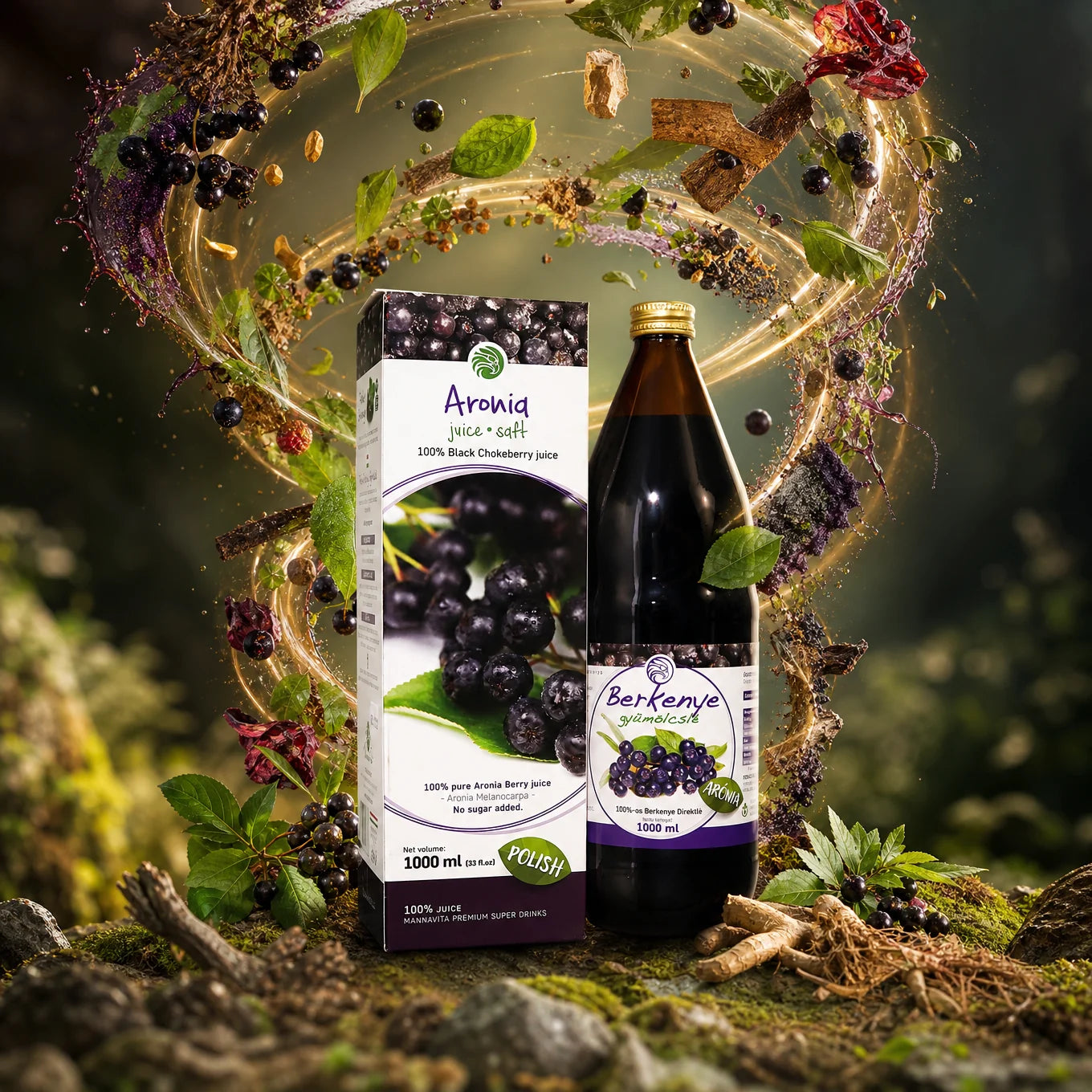 Mannavita • Jugo puro 100% prensado de bayas de Aronia • 1000 ml