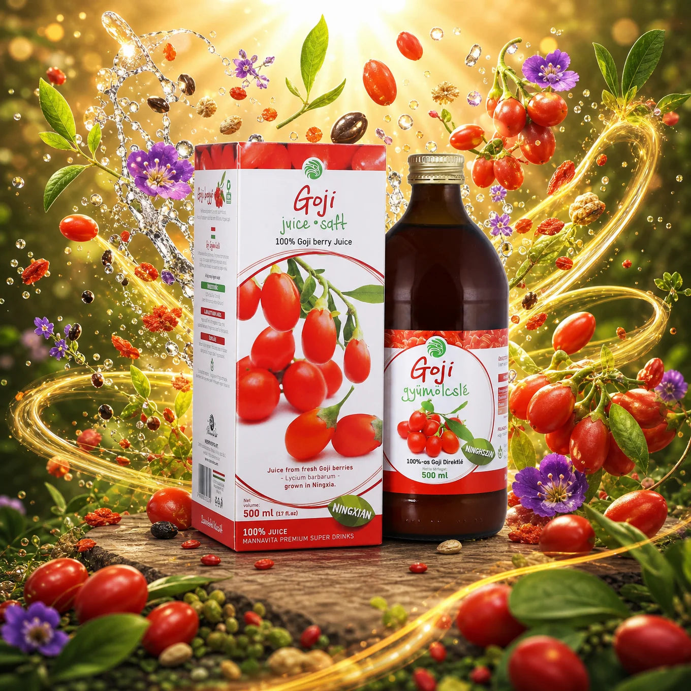 Mannavita • Jugo puro 100% prensado de bayas de Goji • 500 ml